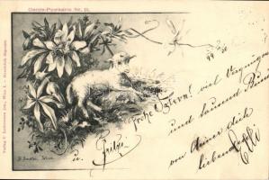 1899 Genre-Postkarte Nr 15. / Easter, floral, lamb, B. Seidler