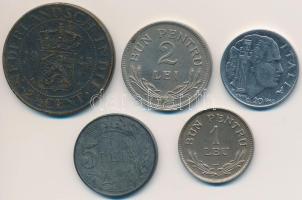 Vegyes: Holland Kelet-India 1945P 2 1/2c Br + Olaszország 1940R 20c acél + Románia 1924. 1L Cu-Ni + 2L Cu-Ni + 1942. 5L Zn T:2,2- Mixed: Netherlands East Indies 1945P 2 1/2 Cents Br + Italy 1940R 20 Centesimi stainless steel + Romania 1924. 1 Leu Cu-Ni + 2 Lei Cu-Ni + 1942. 5 LEi Zn C:XF,VF