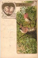 Mai, Birds greeting card, Art Nouveau litho (Rb)