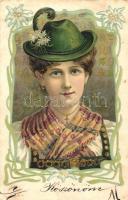 Folklore, lady, Art Nouveau Emb. litho (fl)