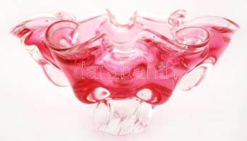Dekoratív rózsaszín asztali kínáló tál, formába öntött, jelzés nélkül, hibátlan, d: 26 cm, m: 14 cm
