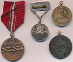 1958. "Belügyi Sport Bajnokság / B. M. Középfokú Döntő" fém sportérem (30mm) + "Felsőoktatási Tanulmányi Érdemérem 1958 / Tudással a hazáért, a szocializmusért" Br érem füllel (35mm) + Szentesy Hiesz Géza (1896-1975) 1970. "Budapesti Úszószövetség - Serd. I. Bajn. 1970. III." Br díjérem mellszalagon (40mm) + 1983. "Sz-Sz. MT. VB. Testnevelési és Sporthivatal Nyíregyháza 1983" fém érem füllel (40mm) T:2