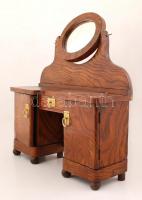 cca 1930 Fésülködő asztal, minta munka (1:2.5), fa, fém veretekkel, 20×56 cm, m:62 cm