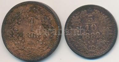 1868KB 1kr Cu "Angyalos címer" + 1882KB 5/10kr Cu T:2-,3 Adamo M3.1,M4.1