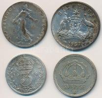 Vegyes: Ausztrália 1957. 6P Ag + Franciaország 1902. 50c Ag + Nagy-Britannia 1916. 3P Ag + Svédorszá...