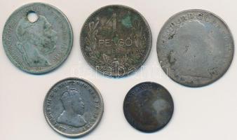 5db-os vegyes magyar és külföldi rossz minőségű ezüstpénz tétel
5pcs of various silver coins in bad...