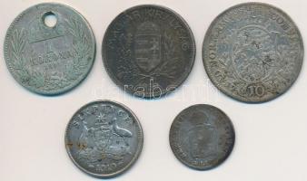 5db-os vegyes magyar és külföldi rossz minőségű ezüstpénz tétel
5pcs of various silver coins in bad...