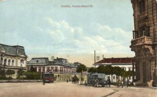 Kassa, Kosice; Ferencz József tér, villamos, Múzeum, felsőipari iskola, aszfaltozó autó; kiadja Radó Béláné / square, tram, museum, school, Asphalting automobile (EK)