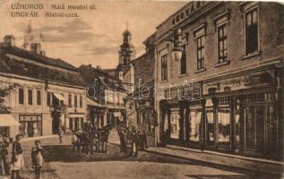 Ungvár, Uzshorod; Kishíd utca, Gyulai Endre üzlete, lovaskocsi / street, shops, horse carriage (Rb)