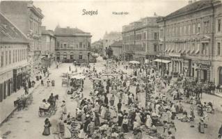 Szeged, Klauzál tér, piac, Bruckner Dezső üzlete, Könyvnyomda, Adria Biztosítótársaság, Gyógyszertár, kiadja Bartos Lipót / square, market, shops, book publisher, pharmacy (EK)