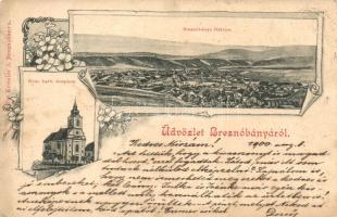 Breznóbánya, Brezno; látkép, Római Katolikus templom, kiadja Kreisler J. / general view, Roman Catholic, floral (EK)