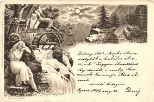 1899 Ein Schwerenöter / a philanderer, dwarf with lady, watermill, published by Carl Mittag (b)