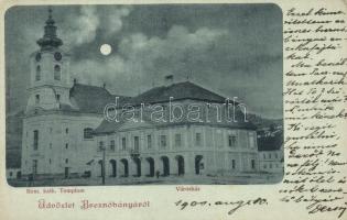 Breznóbánya, Brezno; Római Katolikus templom, Városház, este / church, town hall, at night (Rb)