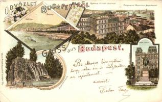 Budapest, Gellérthegy, Főgimnázium, Margit-sziget, Margit-szigeti vízesés, Eötvös szobor, kiadja Kunstanstalt Rosenblatt, litho, floral (EK)