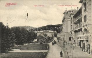 Bártfafürdő, Bardejovské kúpele; Sétatér, Deák szálloda, Erzsébet királyné szálloda, Werther J. üzlete, Reichard Emil üzlete / promenade, Hotel Deák, Hotel Queen Elisabeth, shops (EK)