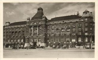 Budapest XI. Gellért szálloda, Gundel Gellért söröző, Tóth József cipész üzlete, Magyar Kereskedelmi Rt. IBUSZ Tourist Office, villamos, automobil