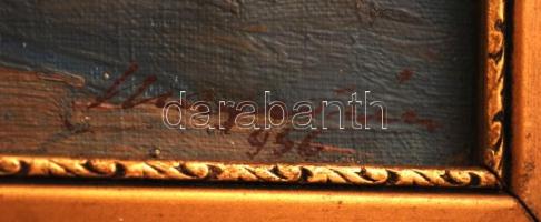 Magas jelzéssel: Balatoni kikötő. Olaj, vászon, keretben, 28×29 cm