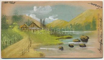 Landscape, hand painted, wooden postcard