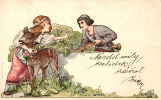 1899 Girl defending a deer from Hunter, Boch & Schmitt, litho (Rb)