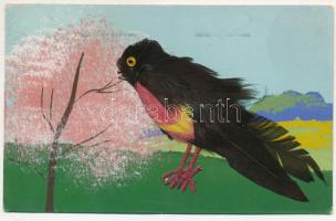 Bird with cherry tree, custom made mechanical postcard, bird with feathers, hand painted background (EK)