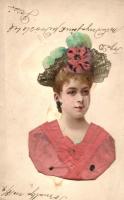 Lady in pink dress, mechanical postcard, litho (fl)