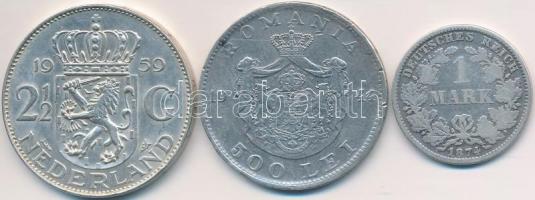 Vegyes: Hollandia 1959. 2 1/2G Ag "Julianna" + Német Birodalom 1874E 1M Ag + Románia 1944....