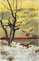 Wild ducks, hunting postcard, H.S.M. Im Wald Serie I., artist signed