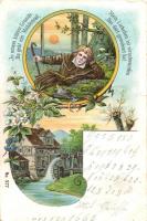Mill, man, art postcard, floral, litho