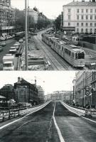 1981 Budapest, Marx tér, a felüljáró forgalomba helyezése, a Marx téri aluljáró építése, Karai Sándor felvételei, 13 db városkép, 13x18 cm