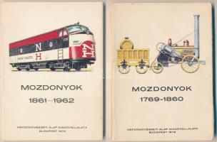 Mozdonyok 1769-1860 / 1861-1962; Képzőművészeti Alap Kiadóvállalat, 36 db használatlan vonatokat ábrázoló modern grafikai képeslap két tokban / 36 unused modern graphic motive cards in two cases, trains