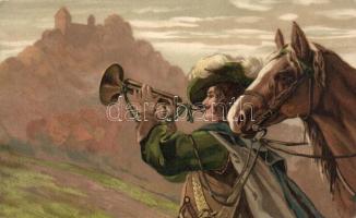 Horse, man with trumpet, litho (Rb)
