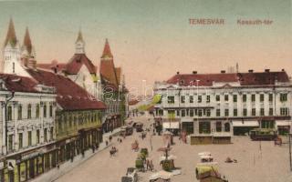 Temesvár, Timisoara; Kossuth tér, piac, villamos, Szobovich üzlete, Weisz Sándor üzlete, Wilheim Fülöp üzlete, Golomann Sándor üzlete / square, market, tram, shops (vágott / cut)