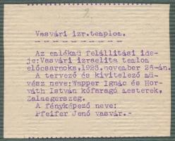 1923 A vasvári izraelita templomban felállított hősi emléktábla, hátoldalon feliratozva, 12x8 cm