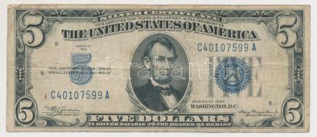 Amerikai Egyesült Államok 1934D 5$ Abraham Lincoln kék pecséttel T:III kis lyuk USA 1934D 5 Dollars Abraham Lincoln with blue seal C:F small hole
