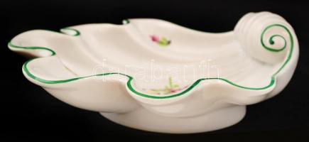 Kagyló alakú viárgmintás Herendi tál, kézzel festett, jelzett (tertia), apró kopásnyomokkal, 22×23,5...