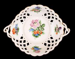 Virágmintás Herendi áttört tál, kézzel festett, jelzett (tertia), apró kopásnyomokkal, d: 28 cm