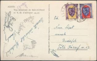 Lantos Mihály (1928-1989) focista és BVSC-csapattársai aláírásai Algériából megküldött levelezőlapon