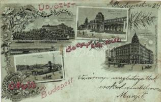 Budapest, Margit-fürdő, Királyi vár és várbazár, Nemzeti színház, Lánchíd, floral, Art Nouveau litho (b)