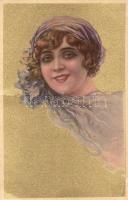 Italian gold art postcard, lady, Anna & Gasparini 123-3. (fa)