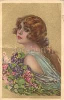 Italian gold art postcard, lady, Anna & Gasparini 126-4. (fa)