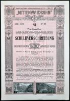 Ausztria / Innsbruck 1912. "Mittenwaldbahn" vasúti jelzálogkötvény 200K-ról német nyelven betéti lappal és szelvényutalvánnal T:I,I- Austria / Innsbruck 1912. "Mittenwaldbahn" debenture bond about 200 Corona with voucher and coupon-sheet C:UNC,AU