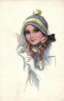 Italian art postcard, lady with hat, Erkal Nr. 343/4. s: Usabal (EK)