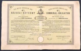 Budapest 1893. Pesti Magyar Kereskedelmi Bank 4%-os községi kötvénye 1000K-ról, szárazpecséttel T:III