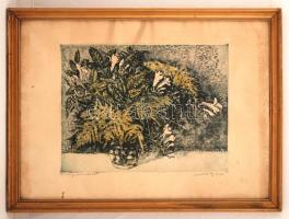 Scultéty Éva (1917-2001):Virágcsendélet, rézkarc, papír, jelzett,üvegezett keretben, 28x38cm