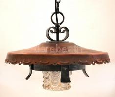 Nagyméretű, dekoratív réz csillár üveg burával, d: 41,5 cm