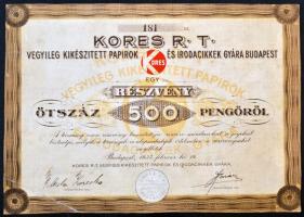 Budapest 1935. "Kores Rt. Vegyileg Készített Papírok és Irodacikkek Gyára, Budapest" részvénye 500P-ről T:II-,III ragasztott