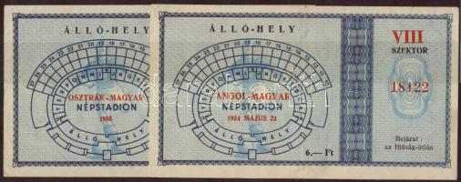 1954-1955 2 db belépőjegy a Népstadionba az Angol-Magyar és Osztrák-Magyar footballmeccsekre