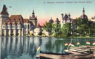 Budapest XIV. Városliget, tórészlet a Vajdahunyad várral, csónakok