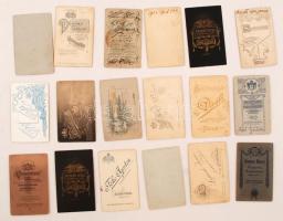 cca 1900 Különböző keményhátú kabinetfotó magyar és külföldi műtermekből, 18db, vegyes  méretben és ...