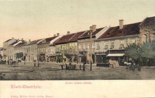 Kézdivásárhely, Targu Secuiesc; Fő tér keleti oldala, Nemzeti szálloda, Ifj. Dávid István, László Zoltán és Bartha Gyula üzlete / main square, hotel, shops (Rb)